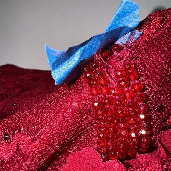 Mac Duggal Gown Dress Tiered Floral Embellished V Neck Deep Red Size 2 - Picture 15 of 16